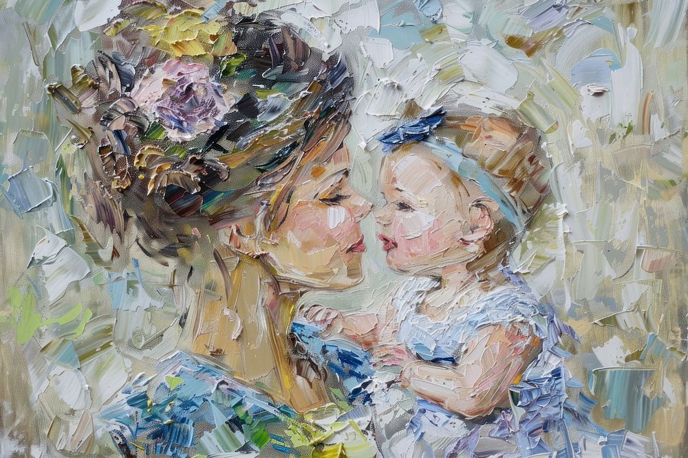 Impressionist mom and baby painting art person.