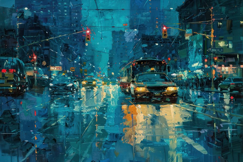 Impressionist night street reflection painting art transportation.