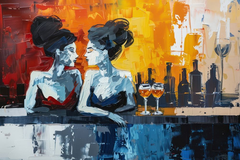Romantic women in the bar painting art transportation.
