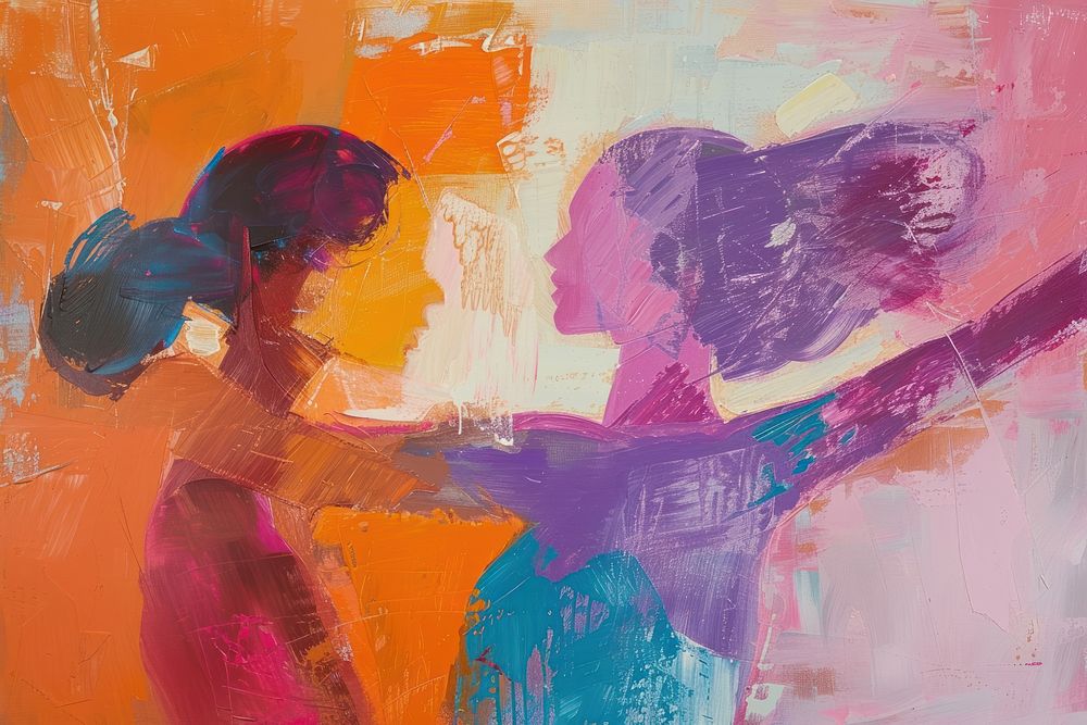Two womans facing each others and dancing painting art wedding.