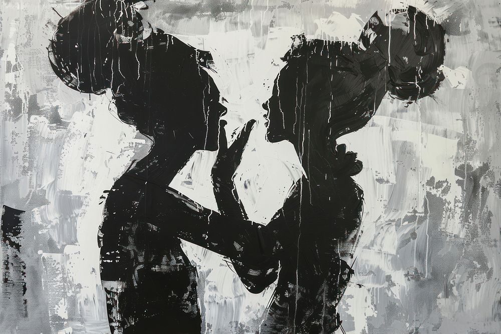 Two womans facing each others and dancing painting art silhouette.