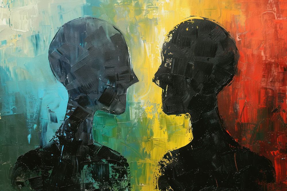 Two mans facing each others painting art silhouette.