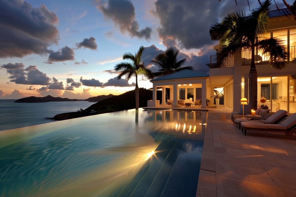 Beautiful modern luxury home tropical pool tree.