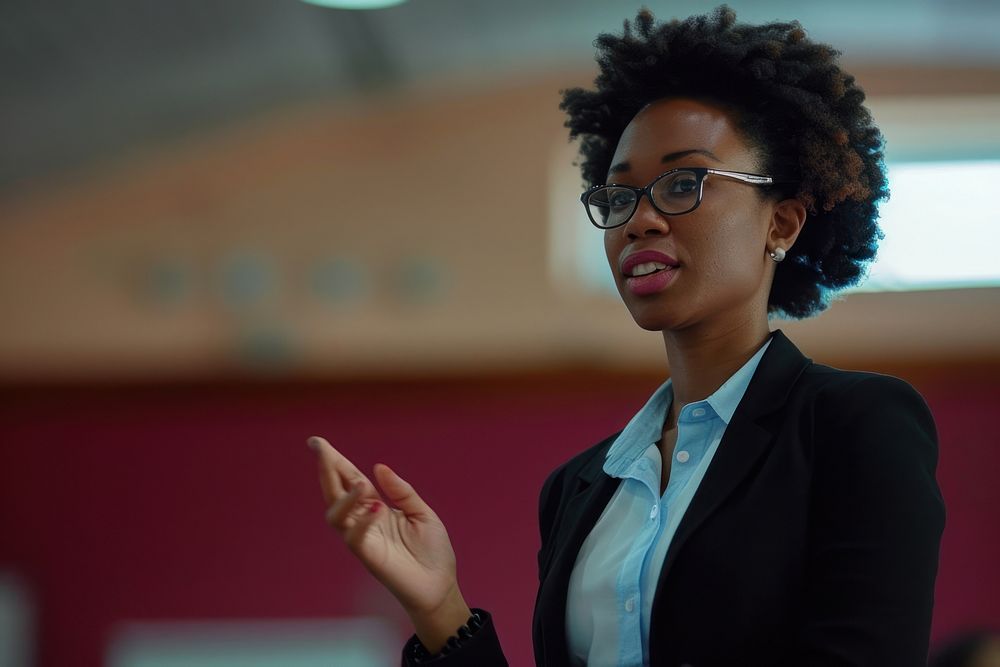 Black female professional giving presentation in a conference glasses adult accessories.