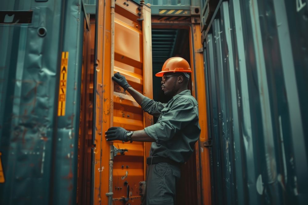 Black people logistic staffs opening Containers box door checking products from Cargo freight ship hardhat helmet adult.