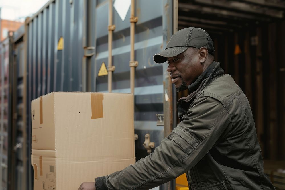 Black people logistic staffs opening Containers box door checking products from Cargo freight ship cardboard container adult.