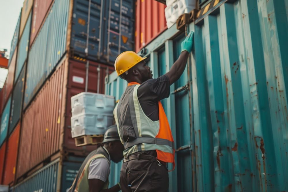 Black people logistic staffs opening Containers box door checking products from Cargo freight ship container hardhat helmet.