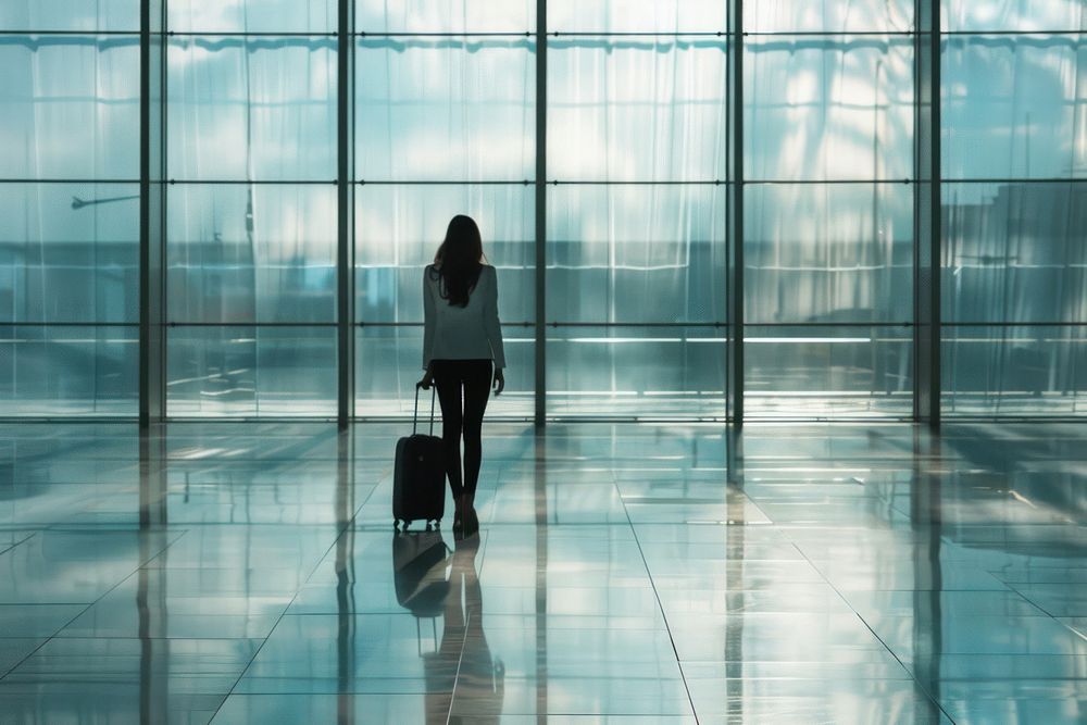 Businesswoman airport walking luggage.