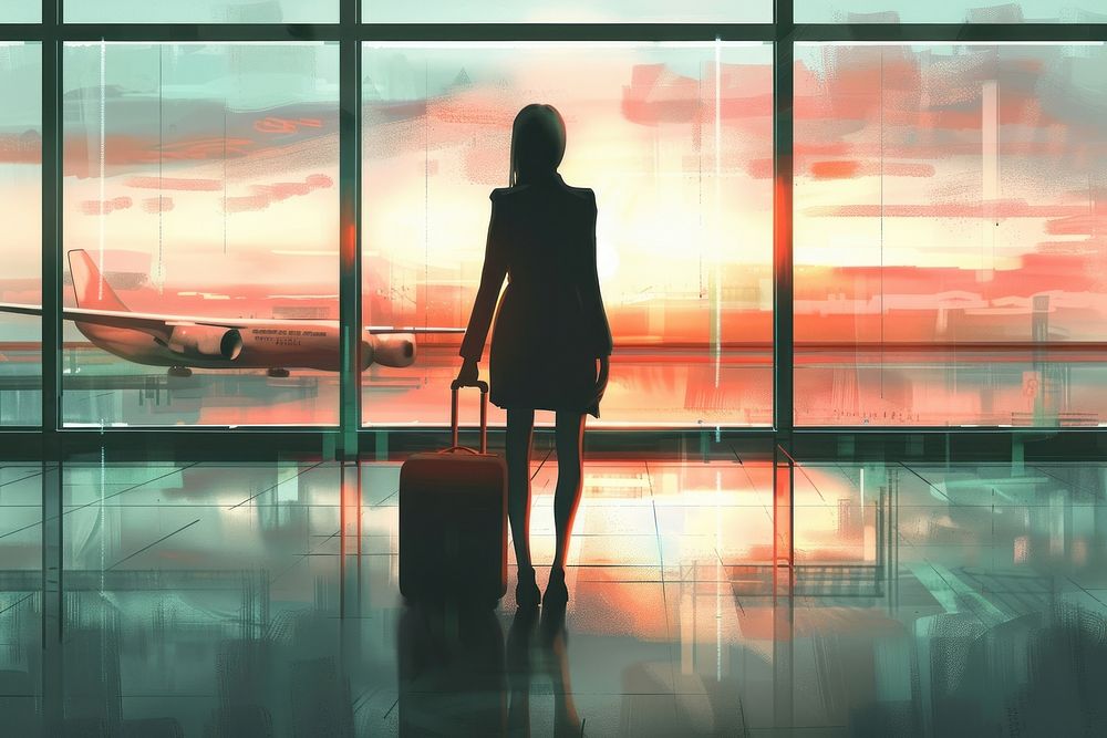 Businesswoman luggage airport airplane.