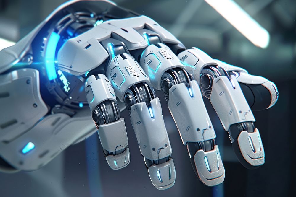 Hand with technology digital virtual graphic appliance device robot.