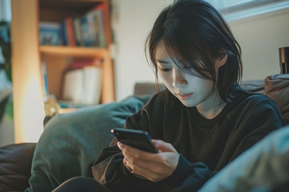 A woman sitting on sofa and playing smartphone in the living room electronics accessories accessory.