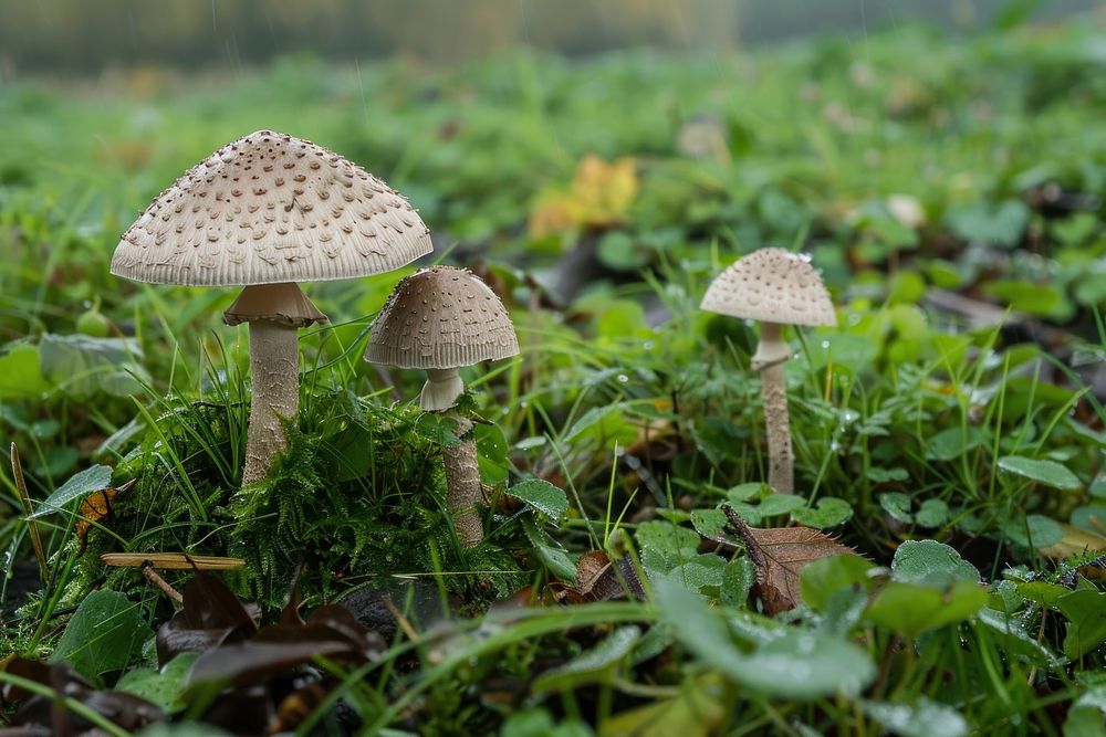 Mushroom growing on field fungus agaric plant.