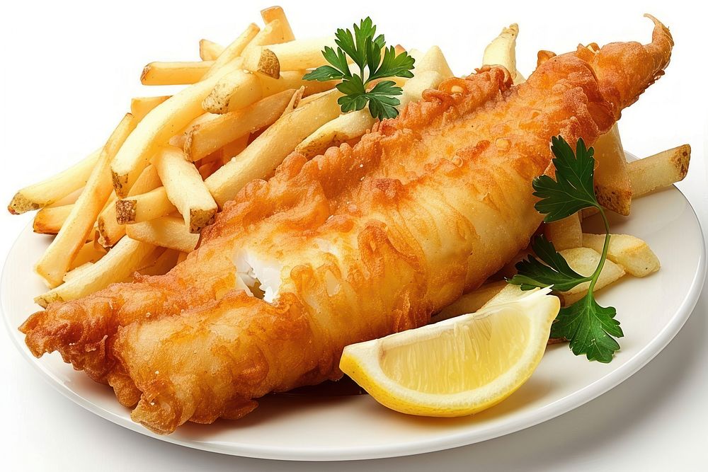 Delicious battered fish plate produce fries.