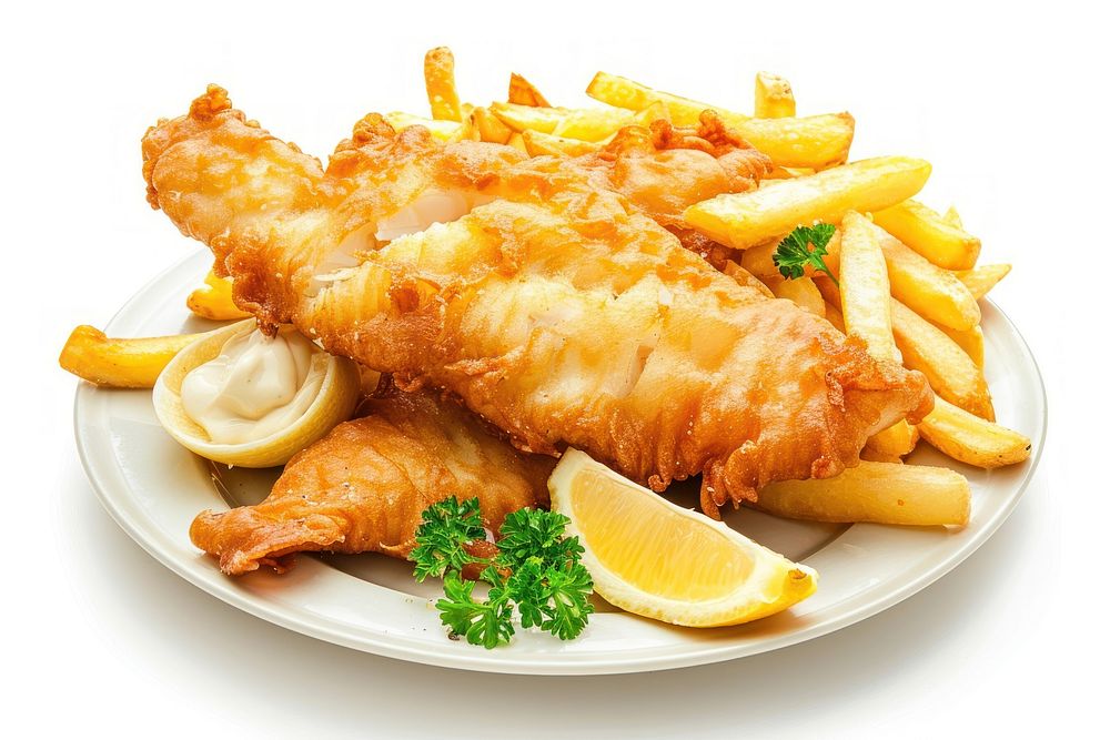 Delicious battered fish fries food meal.