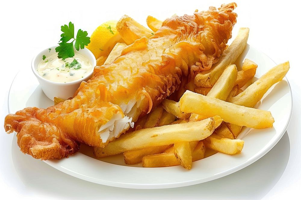 Delicious battered fish plate fries bread.