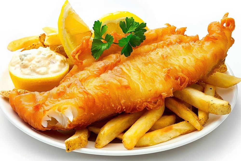 Delicious battered fish plate produce fruit.