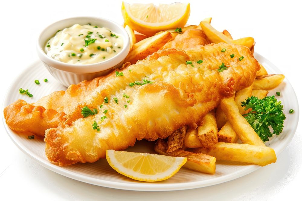 Delicious battered fish plate produce fries.