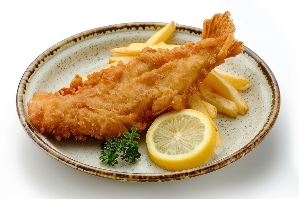 Delicious battered fish plate food meal.