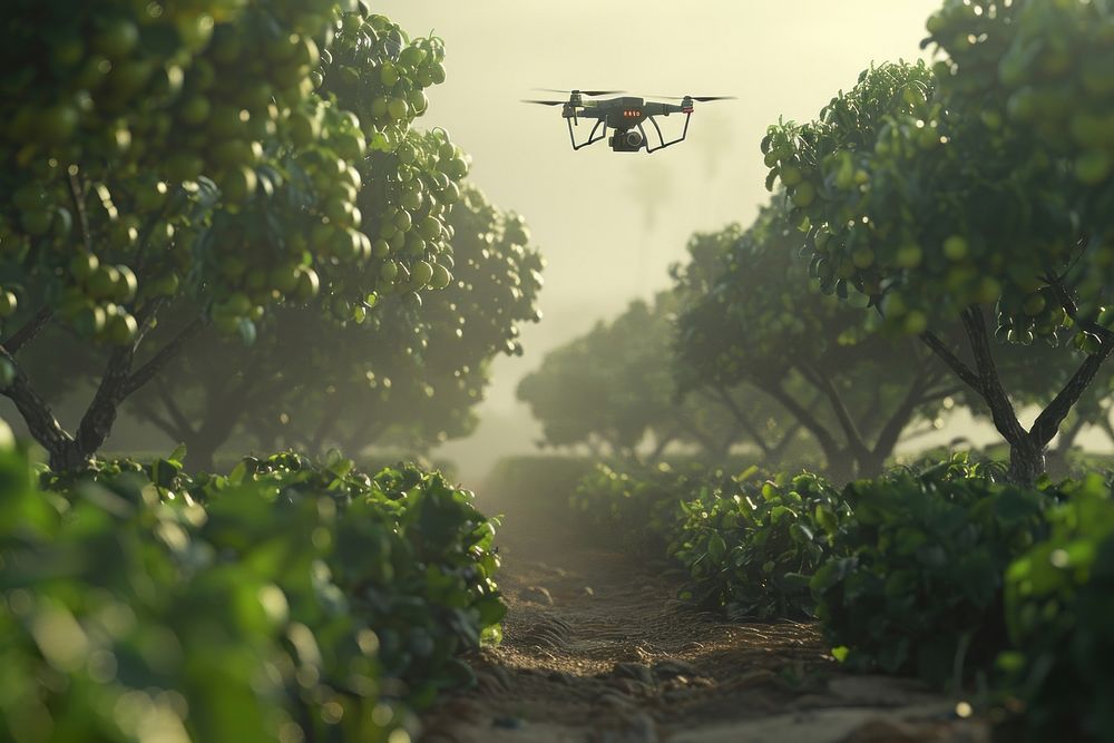 Drone flying over plantation transportation countryside vegetation.
