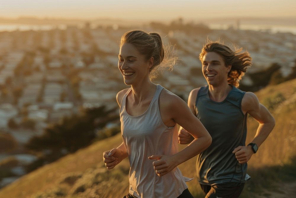 Fit young couple smiling while out for a run together on a scenic trail overlooking a city at sunset running jogging adult.