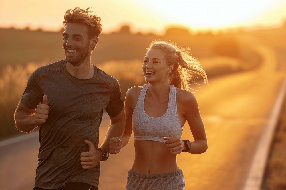 Fit young couple smiling while out for a run together along the road at sunset running jogging adult.