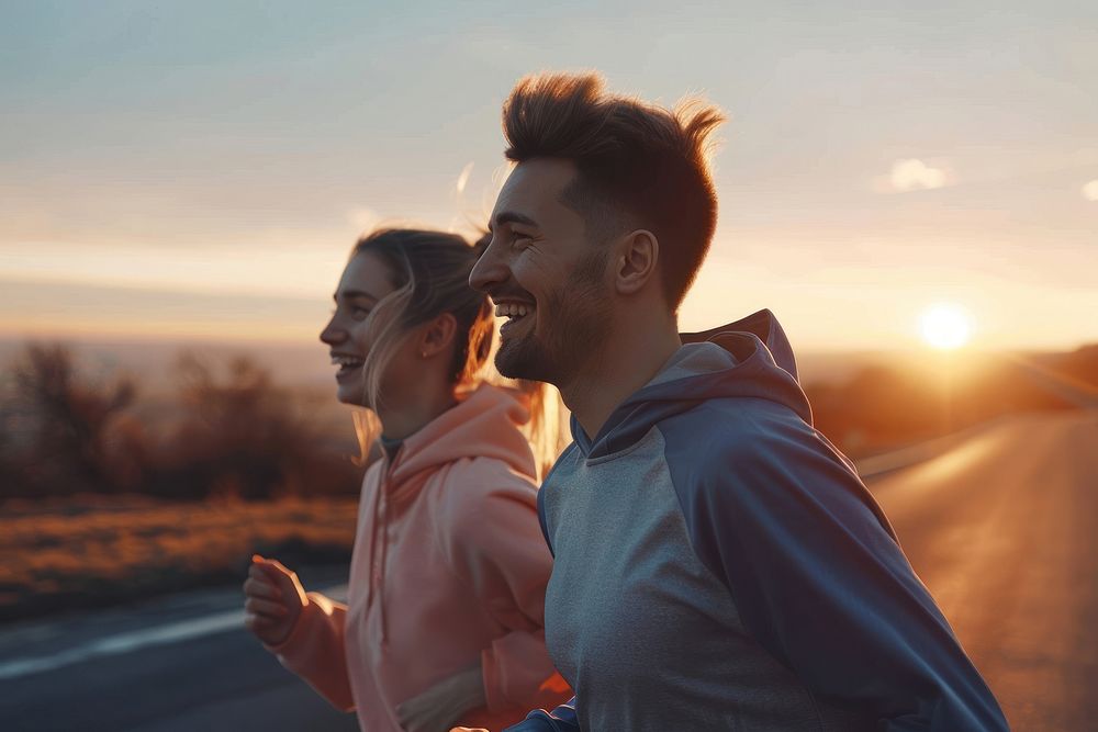 Fit young couple smiling while out for a run together along the road at sunset adult togetherness exercising.