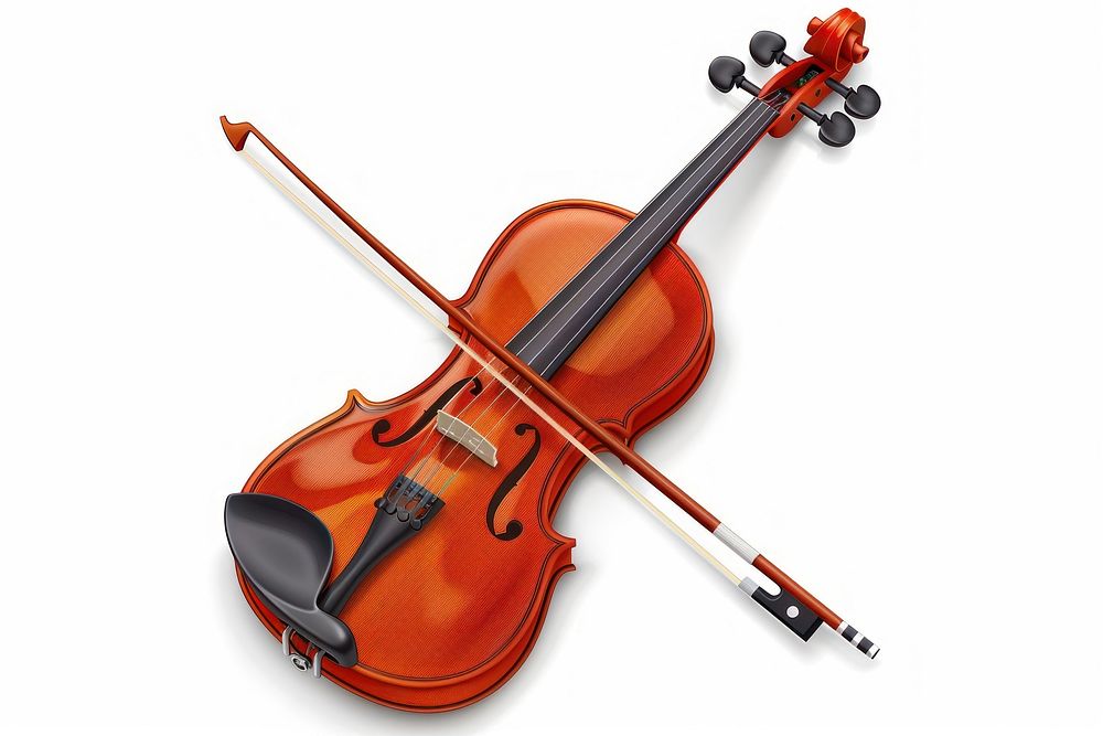 Flat illustration Wooden classic violin with bow white background performance orchestra.