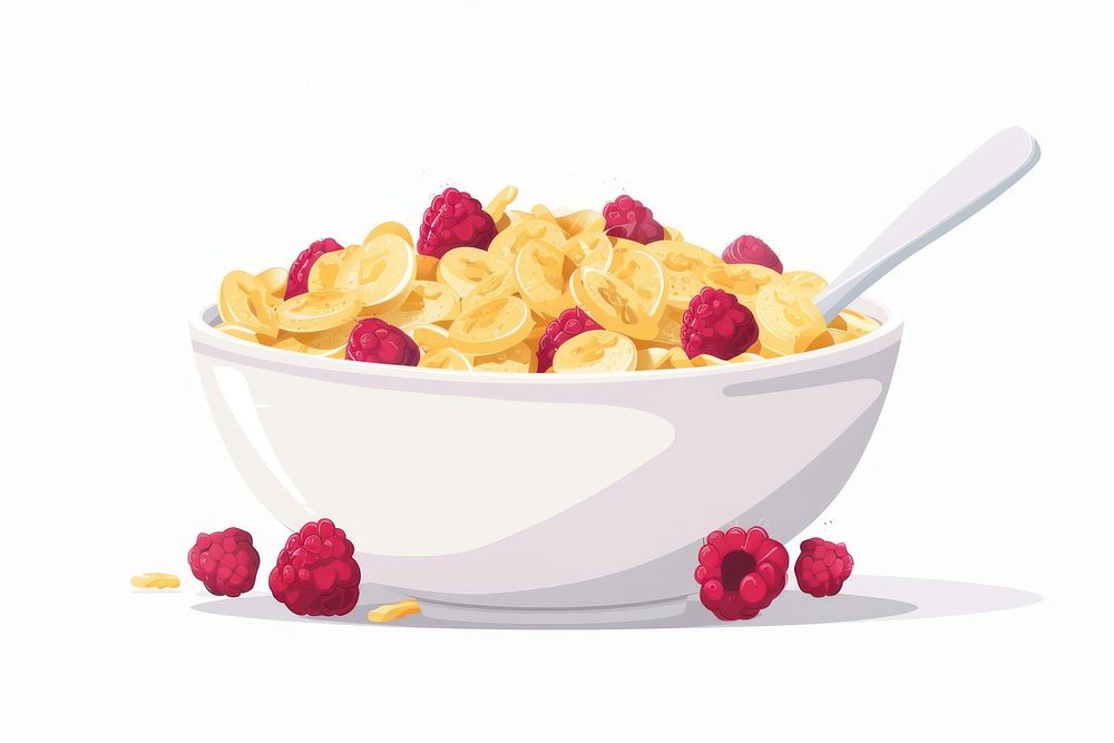 Flat illustration Bowl of Cornflakes and Raspberries bowl raspberry dessert.
