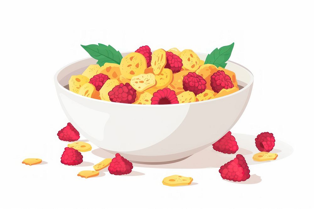 Flat illustration Bowl of Cornflakes and Raspberries raspberry bowl dessert.