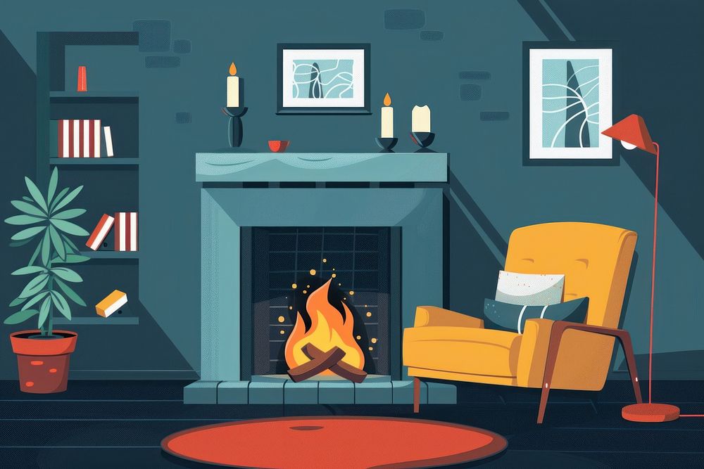 Flat illustration fireplace in living room furniture hearth chair.
