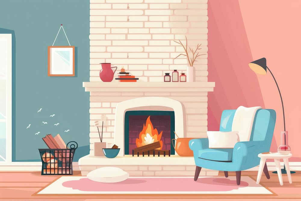 Flat illustration fireplace in living room furniture hearth chair.
