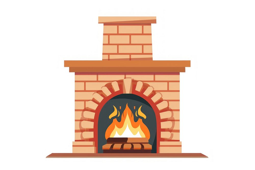 Flat illustration fireplace hearth brick white background.