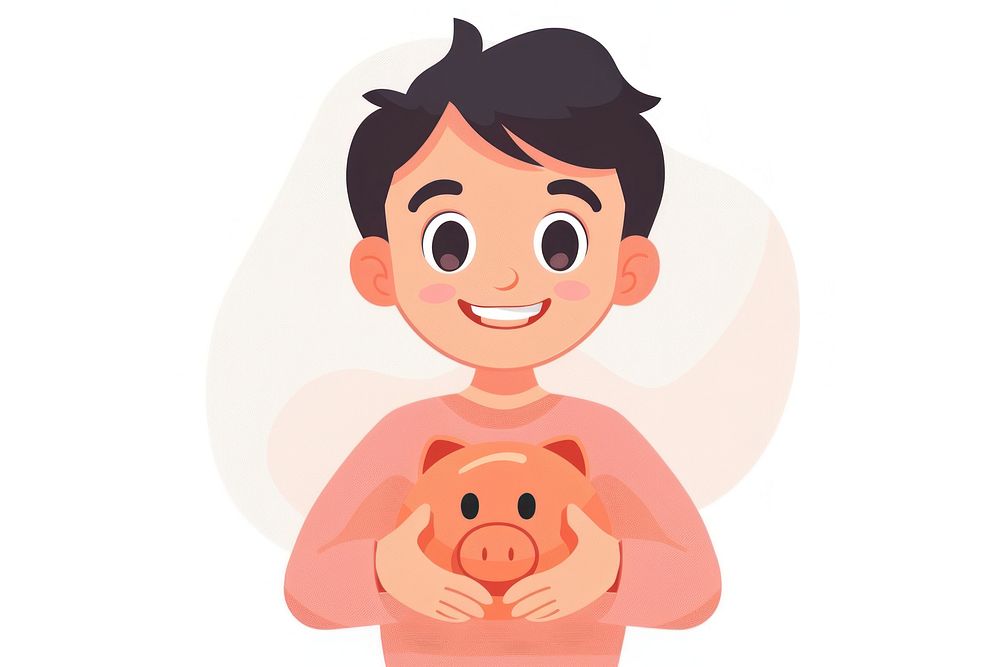 Flat illustration kid holding piggy bank cartoon representation investment.