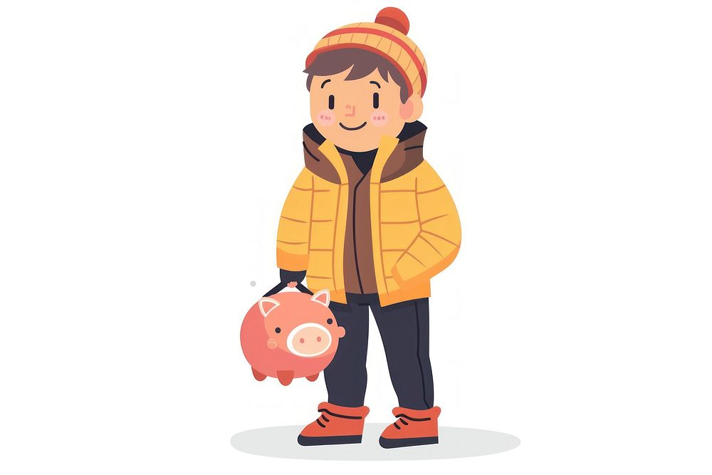 Flat illustration kid holding piggy bank representation investment happiness.