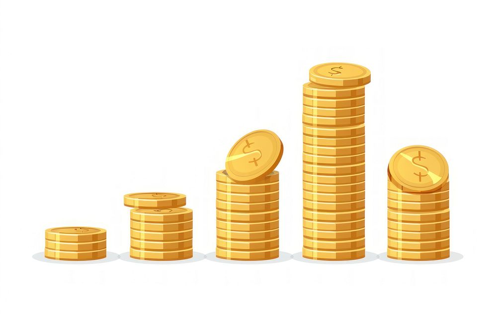 Flat illustration rising Golden coin stacks gold money white background.