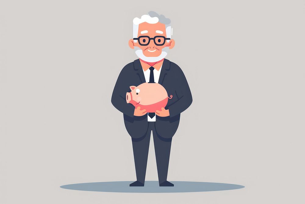 Flat illustration senior businessman holding piggy bank portrait photography investment.