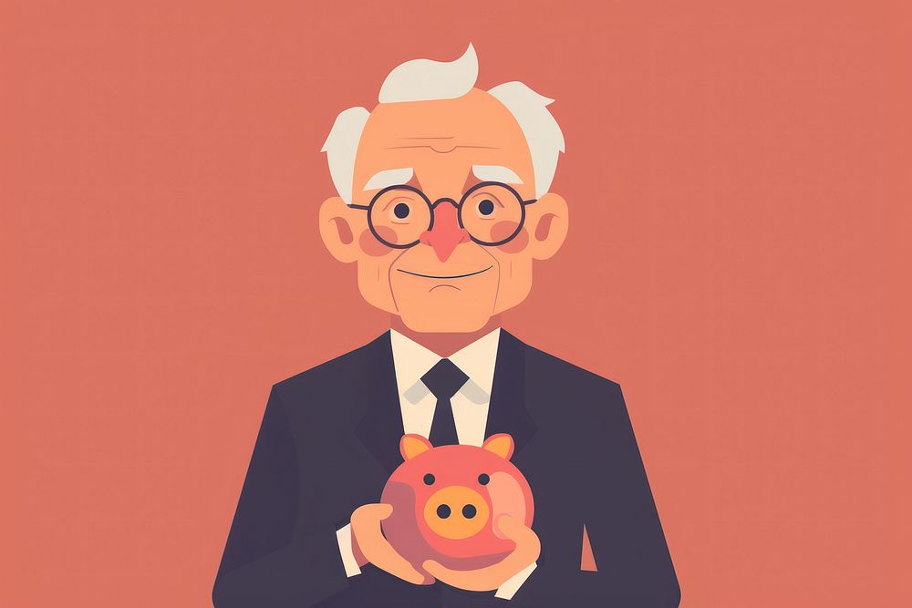 Flat illustration senior businessman holding piggy bank portrait cartoon adult.