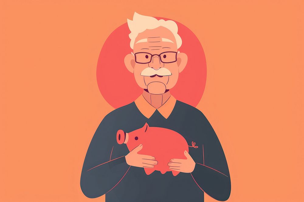 Flat illustration senior man holding piggy bank glasses cartoon adult.