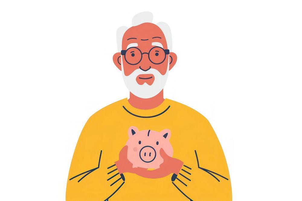 Flat illustration senior man holding piggy bank portrait cartoon adult.