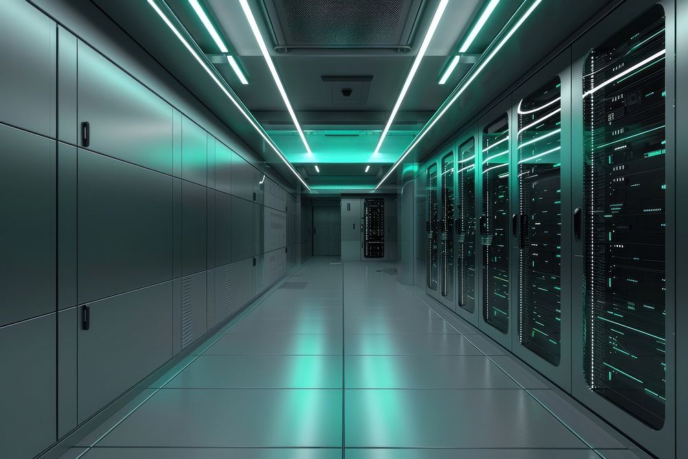 Server room futuristic computer architecture.