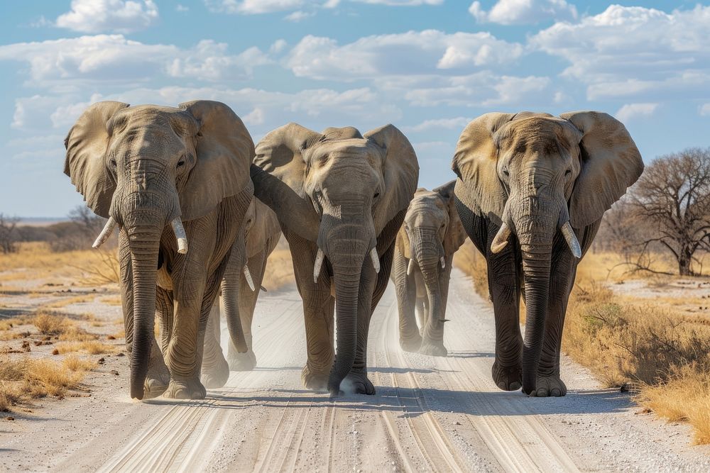 Elephants walking on a dirt road wildlife outdoors mammal.