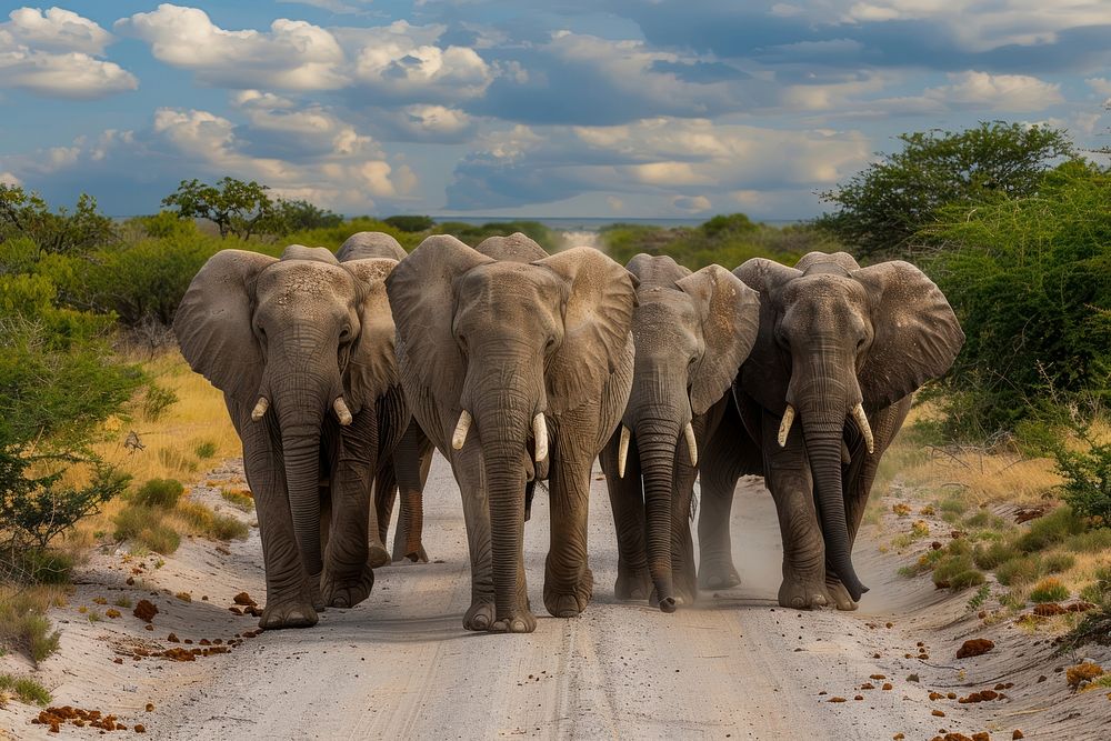 Elephants walking on a dirt road wildlife outdoors mammal.