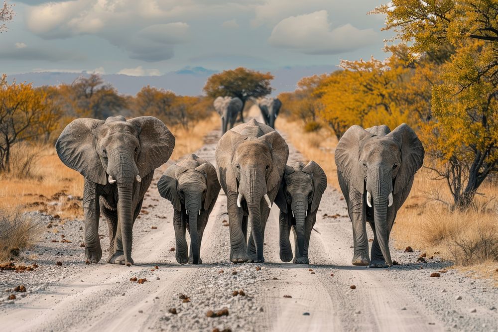 Elephants walking on a dirt road wildlife outdoors savanna.