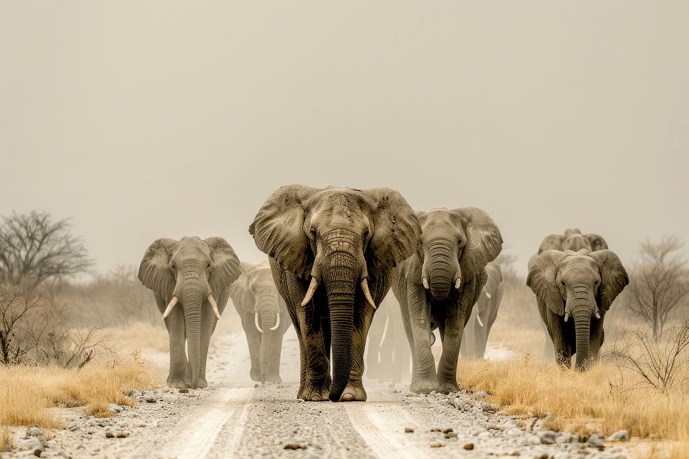 Elephants walking on a dirt road wildlife outdoors animal.
