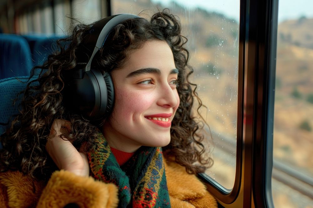 Happy young woman with curly hair wearing headphones happy electronics photography.