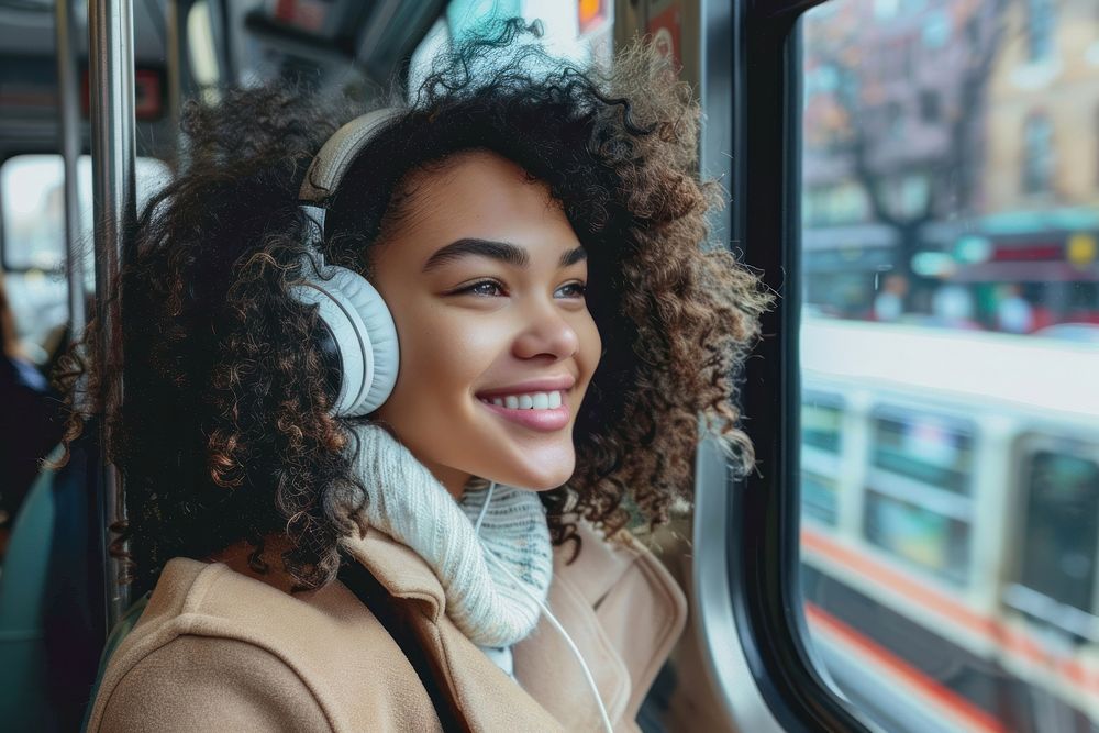 Happy young woman with curly hair wearing headphones happy electronics dimples.