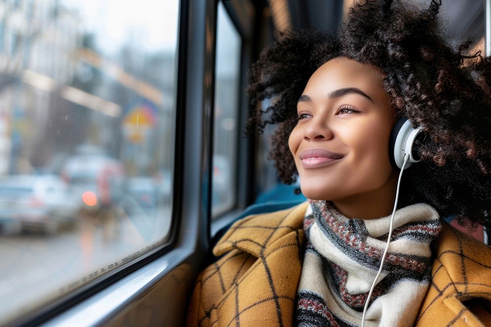 Happy young woman with curly hair wearing headphones happy clothing dimples.