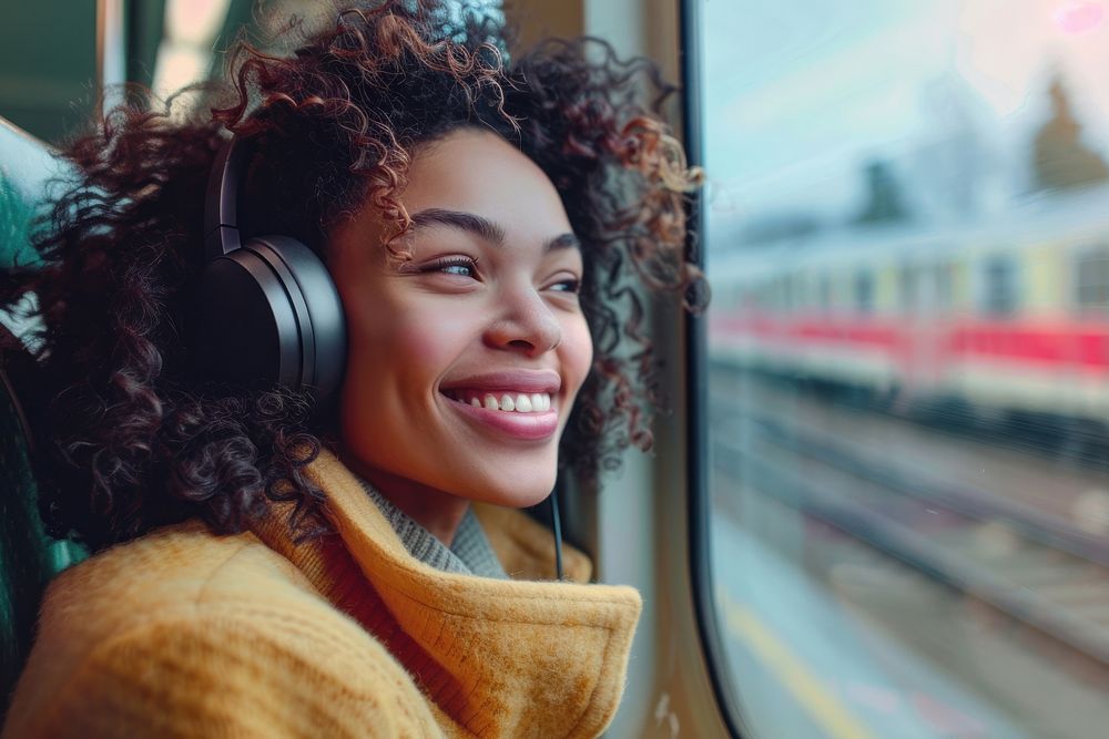 Happy young woman with curly hair wearing headphones happy dimples person.