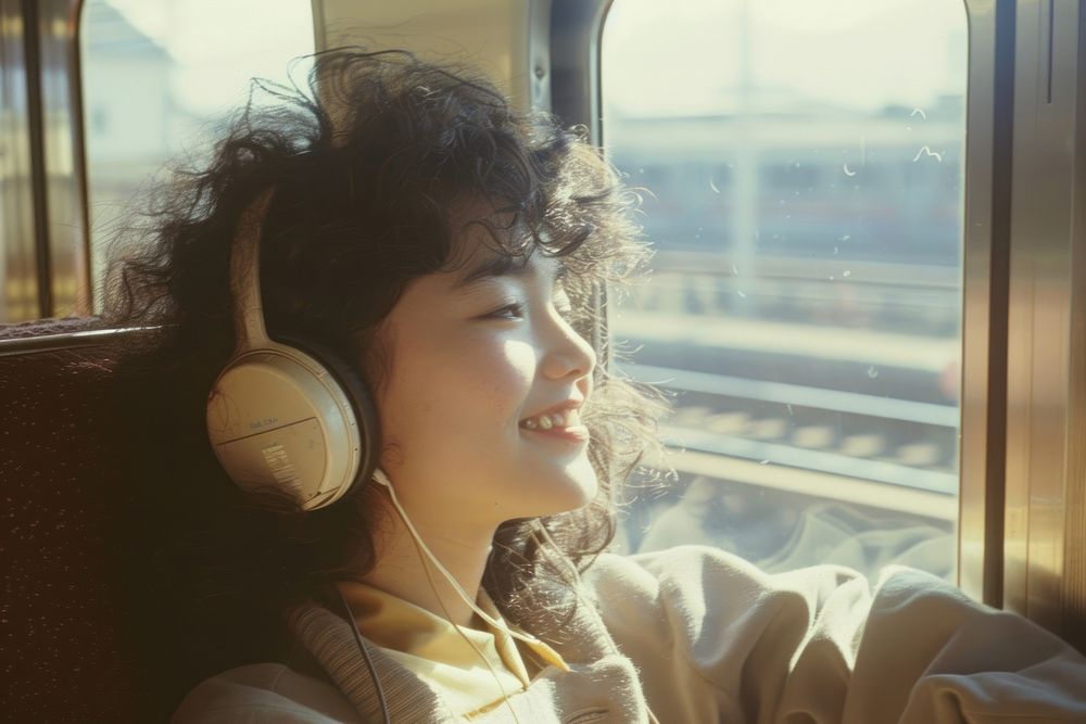 Happy young Japanese woman with curly hair wearing headphones happy electronics headset.