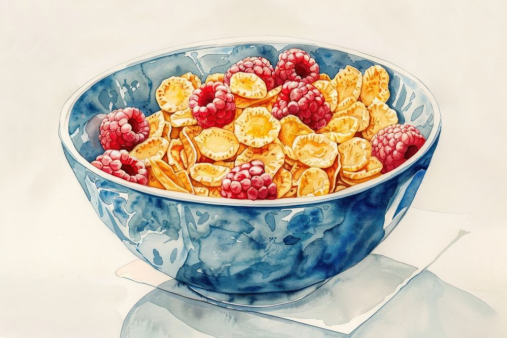 Ink painting Bowl of Cornflakes and Raspberries bowl raspberry food.